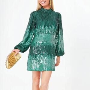 Rixo Womens Samantha Sequin Mini Dress Blouson Sleeves Mock Neck Green Size 6